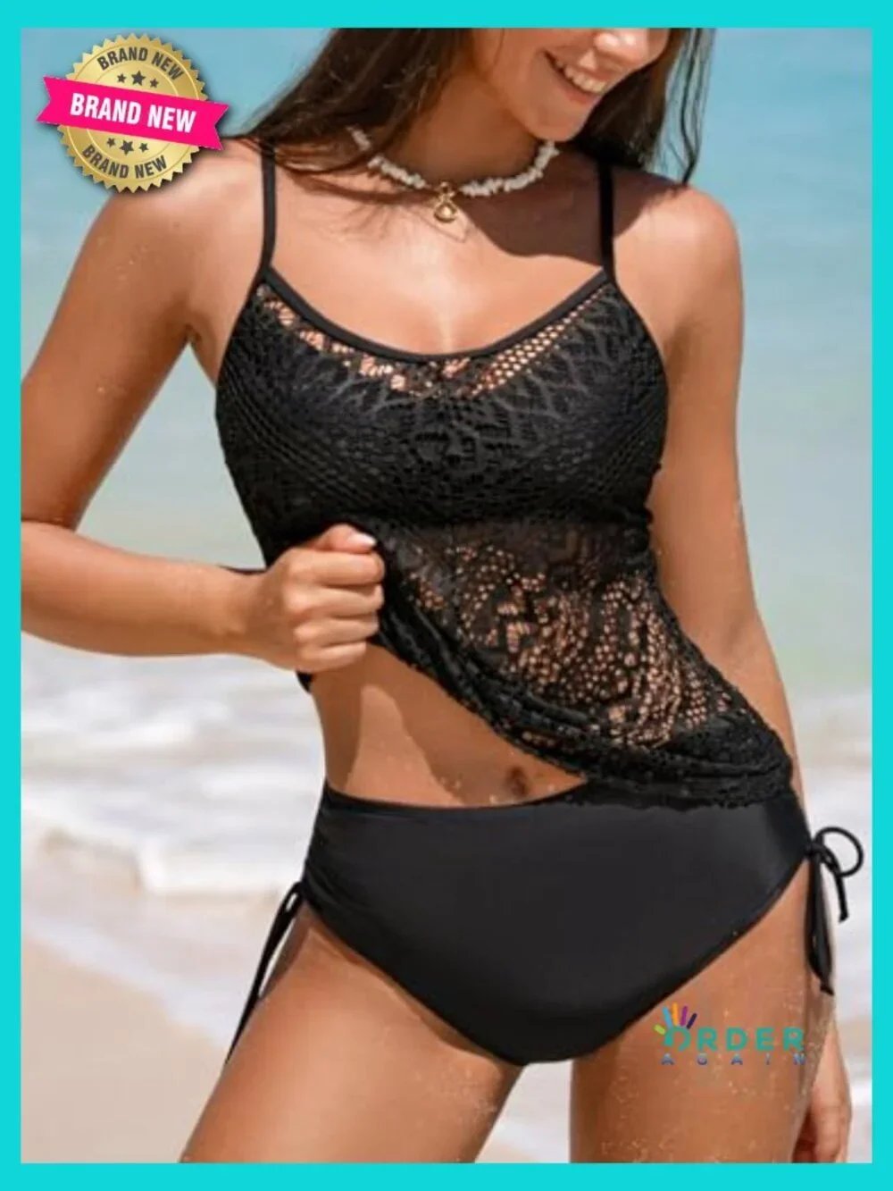 Tankini Set V Neck Mesh Two Piece Adjustable Straps Side Tie